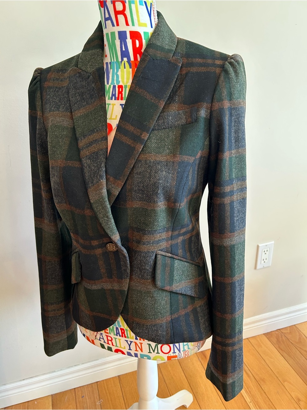 Vintage Belle Vere Dark Green and Brown Plaid Tailored Blazer
